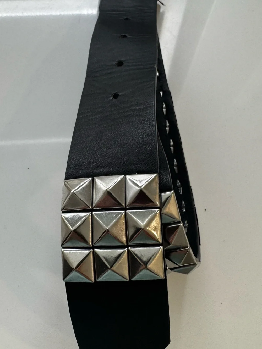 Men's Black Leather Studded Belt with Silver Buckle